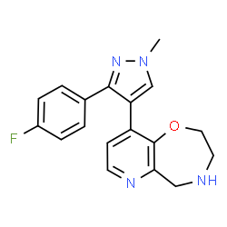 ChemSpider 2D Image | 9-[3-(4-Fluorophenyl)-1-methyl-1H-pyrazol-4-yl]-2,3,4,5-tetrahydropyrido[2,3-f][1,4]oxazepine | C18H17FN4O