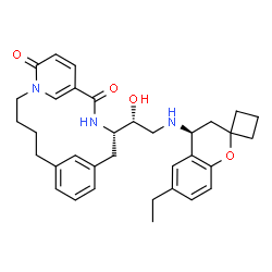 ChemSpider 2D Image | (12S)-12-[(1R)-2-{[(4S)-6-Ethyl-3,4-dihydrospiro[chromene-2,1'-cyclobutan]-4-yl]amino}-1-hydroxyethyl]-1,13-diazatricyclo[13.3.1.1~6,10~]icosa-6(20),7,9,15(19),16-pentaene-14,18-dione | C34H41N3O4