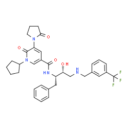 ChemSpider 2D Image | 1-Cyclopentyl-N-[(2S,3R)-3-hydroxy-1-phenyl-4-{[3-(trifluoromethyl)benzyl]amino}-2-butanyl]-6-oxo-5-(2-oxo-1-pyrrolidinyl)-1,6-dihydro-3-pyridinecarboxamide | C33H37F3N4O4