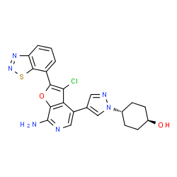 ChemSpider 2D Image | trans-4-{4-[7-Amino-2-(1,2,3-benzothiadiazol-7-yl)-3-chlorofuro[2,3-c]pyridin-4-yl]-1H-pyrazol-1-yl}cyclohexanol | C22H19ClN6O2S