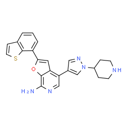 ChemSpider 2D Image | 2-(1-Benzothiophen-7-yl)-4-[1-(4-piperidinyl)-1H-pyrazol-4-yl]furo[2,3-c]pyridin-7-amine | C23H21N5OS