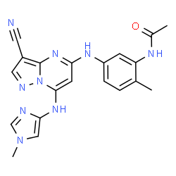 ChemSpider 2D Image | N-[5-({3-Cyano-7-[(1-methyl-1H-imidazol-4-yl)amino]pyrazolo[1,5-a]pyrimidin-5-yl}amino)-2-methylphenyl]acetamide | C20H19N9O
