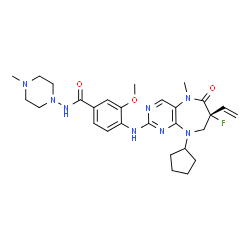 ChemSpider 2D Image | 4-{[(7R)-9-Cyclopentyl-7-fluoro-5-methyl-6-oxo-7-vinyl-6,7,8,9-tetrahydro-5H-pyrimido[4,5-b][1,4]diazepin-2-yl]amino}-3-methoxy-N-(4-methyl-1-piperazinyl)benzamide | C28H37FN8O3
