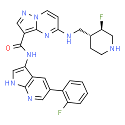 ChemSpider 2D Image | N-[5-(2-Fluorophenyl)-1H-pyrrolo[2,3-b]pyridin-3-yl]-5-({[(3R,4R)-3-fluoro-4-piperidinyl]methyl}amino)pyrazolo[1,5-a]pyrimidine-3-carboxamide | C26H24F2N8O