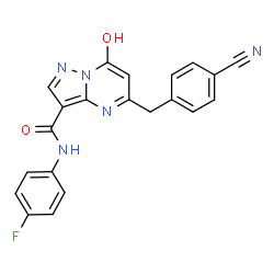 ChemSpider 2D Image | 5-(4-Cyanobenzyl)-N-(4-fluorophenyl)-7-hydroxypyrazolo[1,5-a]pyrimidine-3-carboxamide | C21H14FN5O2