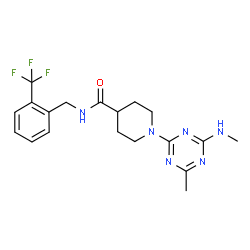 ChemSpider 2D Image | 1-[4-Methyl-6-(methylamino)-1,3,5-triazin-2-yl]-N-[2-(trifluoromethyl)benzyl]-4-piperidinecarboxamide | C19H23F3N6O