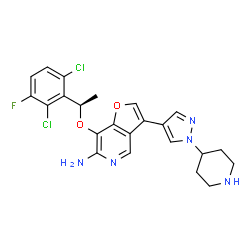 ChemSpider 2D Image | 7-[(1R)-1-(2,6-Dichloro-3-fluorophenyl)ethoxy]-3-[1-(4-piperidinyl)-1H-pyrazol-4-yl]furo[3,2-c]pyridin-6-amine | C23H22Cl2FN5O2