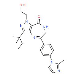 ChemSpider 2D Image | 1-(2-Hydroxyethyl)-3-(2-methyl-2-butanyl)-5-[4-(2-methyl-1H-imidazol-1-yl)phenyl]-6,7-dihydropyrazolo[4,3-e][1,4]diazepin-8(1H)-one | C23H28N6O2