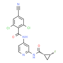 ChemSpider 2D Image | 2,6-Dichloro-4-cyano-N-[2-({[(1R,2R)-2-fluorocyclopropyl]carbonyl}amino)-4-pyridinyl]benzamide | C17H11Cl2FN4O2