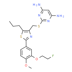 ChemSpider 2D Image | 2-[({2-[3-(2-Fluoroethoxy)-4-methoxyphenyl]-5-propyl-1,3-thiazol-4-yl}methyl)sulfanyl]-4,6-pyrimidinediamine | C20H24FN5O2S2