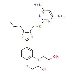 ChemSpider 2D Image | 2,2'-((4-(4-(((4,6-Diaminopyrimidin-2-Yl)thio)methyl)-5-Propylthiazol-2-Yl)-1,2-Phenylene)bis(Oxy))bis(Ethan-1-Ol) | C21H27N5O4S2