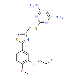 ChemSpider 2D Image | 2-[({2-[3-(2-Fluoroethoxy)-4-methoxyphenyl]-1,3-thiazol-4-yl}methyl)sulfanyl]-4,6-pyrimidinediamine | C17H18FN5O2S2