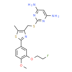 ChemSpider 2D Image | 2-[({2-[3-(2-Fluoroethoxy)-4-methoxyphenyl]-5-methyl-1,3-thiazol-4-yl}methyl)sulfanyl]-4,6-pyrimidinediamine | C18H20FN5O2S2