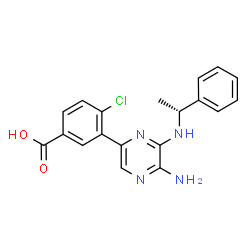 ChemSpider 2D Image | 3-(5-Amino-6-{[(1R)-1-phenylethyl]amino}-2-pyrazinyl)-4-chlorobenzoic acid | C19H17ClN4O2