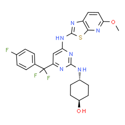 ChemSpider 2D Image | trans-4-({4-[Difluoro(4-fluorophenyl)methyl]-6-[(5-methoxy[1,3]thiazolo[5,4-b]pyridin-2-yl)amino]-2-pyrimidinyl}amino)cyclohexanol | C24H23F3N6O2S