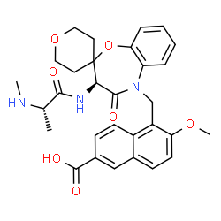 ChemSpider 2D Image | 6-Methoxy-5-({(3S)-3-[(N-methyl-L-alanyl)amino]-4-oxo-2',3,3',4,5',6'-hexahydro-5H-spiro[1,5-benzoxazepine-2,4'-pyran]-5-yl}methyl)-2-naphthoic acid | C30H33N3O7