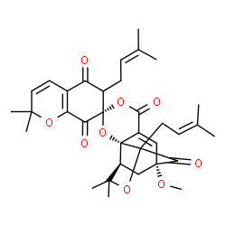 ChemSpider 2D Image | (1'S,2'R,7S,9'R)-9'-Methoxy-2,2,13',13'-tetramethyl-6,11'-bis(3-methyl-2-buten-1-yl)-6'H,10'H-spiro[chromene-7,4'-[3,5,12]trioxatetracyclo[7.4.1.0~2,7~.0~2,11~]tetradec[7]ene]-5,6',8,10'(2H,6H)-tetron
e | C34H40O9
