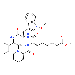 ChemSpider 2D Image | Methyl 6-{(3S,6S,9S,15aR)-9-[(2S)-2-butanyl]-6-[(1-methoxy-1H-indol-3-yl)methyl]-1,4,7,10-tetraoxotetradecahydro-2H-pyrido[1,2-a][1,4,7,10]tetraazacyclododecin-3-yl}hexanoate | C33H47N5O7