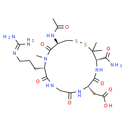 ChemSpider 2D Image | [(4S,7S,13S,16R)-16-Acetamido-4-carbamoyl-13-{3-[(diaminomethylene)amino]propyl}-3,3,14-trimethyl-6,9,12,15-tetraoxo-1,2-dithia-5,8,11,14-tetraazacycloheptadecan-7-yl]acetic acid | C23H39N9O8S2