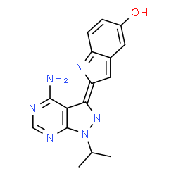 ChemSpider 2D Image | (2E)-2-(4-Amino-1-isopropyl-1,2-dihydro-3H-pyrazolo[3,4-d]pyrimidin-3-ylidene)-2H-indol-5-ol | C16H16N6O