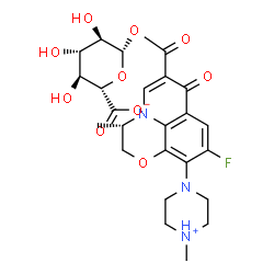 ChemSpider 2D Image | 1-O-{[(3S)-9-Fluoro-3-methyl-10-(4-methylpiperazin-4-ium-1-yl)-7-oxo-2,3-dihydro-7H-[1,4]oxazino[2,3,4-ij]quinolin-6-yl]carbonyl}-beta-D-glucopyranuronate | C24H28FN3O10