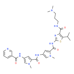 ChemSpider 2D Image | N-[5-({5-[(4-{[3-(Dimethylamino)propyl]carbamoyl}-5-isopropyl-1,3-thiazol-2-yl)carbamoyl]-1-methyl-1H-pyrrol-3-yl}carbamoyl)-1-methyl-1H-pyrrol-3-yl]nicotinamide | C30H37N9O4S