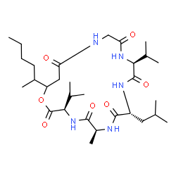 ChemSpider 2D Image | (3R,6S,9R,12S)-19-(2-Hexanyl)-9-isobutyl-3,12-diisopropyl-6-methyl-1-oxa-4,7,10,13,16-pentaazacyclononadecane-2,5,8,11,14,17-hexone | C30H53N5O7