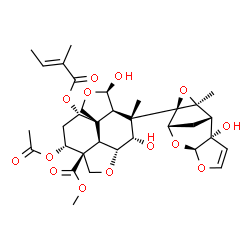 ChemSpider 2D Image | Methyl (2aR,3S,4S,4aR,5R,8S,10R,10aS,10bR)-10-acetoxy-3,5-dihydroxy-4-[(1S,2S,6S,8S,9R,11S)-2-hydroxy-11-methyl-5,7,10-trioxatetracyclo[6.3.1.0~2,6~.0~9,11~]dodec-3-en-9-yl]-4-methyl-8-{[(2E)-2-methyl
-2-butenoyl]oxy}octahydro-1H-furo[3',4':4,4a]naphtho[1,8-bc]furan-10a(8H)-carboxylate | C33H42O14