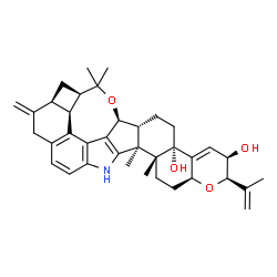 ChemSpider 2D Image | (2R,3R,4bS,6aR,7S,7dS,8R,9aS,14bS,14cR,16aS)-2-Isopropenyl-14b,14c,17,17-tetramethyl-10-methylene-2,3,5,6,6a,7,7d,8,9,9a,10,11,14,14b,14c,15,16,16a-octadecahydro-4bH-7,8-(epoxymethano)chromeno[5',6':6
,7]indeno[1,2-b]cyclobuta[5,6]benzo[1,2-e]indole-3,4b-diol | C37H45NO4