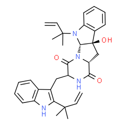 ChemSpider 2D Image | (5aS,10bR,11aR)-10b-Hydroxy-6-(2-methyl-3-buten-2-yl)-3-{[2-(2-methyl-3-buten-2-yl)-1H-indol-3-yl]methyl}-6,10b,11,11a-tetrahydro-2H-pyrazino[1',2':1,5]pyrrolo[2,3-b]indole-1,4(3H,5aH)-dione | C32H36N4O3