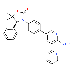 ChemSpider 2D Image | (4S)-3-{4-[6-Amino-5-(2-pyrimidinyl)-3-pyridinyl]phenyl}-5,5-dimethyl-4-phenyl-1,3-oxazolidin-2-one | C26H23N5O2