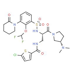 ChemSpider 2D Image | 5-Chloro-N-{(2S)-2-({[2-(difluoromethoxy)-3-(2-oxo-1-piperidinyl)phenyl]sulfonyl}amino)-3-[(3S)-3-(dimethylamino)-1-pyrrolidinyl]-3-oxopropyl}-2-thiophenecarboxamide | C26H32ClF2N5O6S2