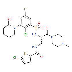 ChemSpider 2D Image | 5-Chloro-N-[(2S)-2-({[2-chloro-5-fluoro-3-(2-oxo-1-piperidinyl)phenyl]sulfonyl}amino)-3-(4-methyl-1-piperazinyl)-3-oxopropyl]-2-thiophenecarboxamide | C24H28Cl2FN5O5S2
