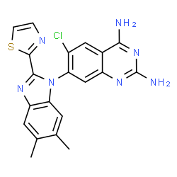 ChemSpider 2D Image | 6-Chloro-7-[5,6-dimethyl-2-(1,3-thiazol-2-yl)-1H-benzimidazol-1-yl]-2,4-quinazolinediamine | C20H16ClN7S
