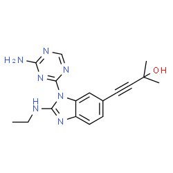 ChemSpider 2D Image | 4-[1-(4-Amino-1,3,5-triazin-2-yl)-2-(ethylamino)-1H-benzimidazol-6-yl]-2-methyl-3-butyn-2-ol | C17H19N7O
