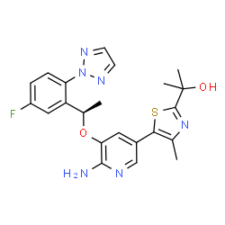 ChemSpider 2D Image | 2-(5-(6-Amino-5-((R)-1-(5-Fluoro-2-(2h-1,2,3-Triazol-2-Yl)phenyl)ethoxy)pyridin-3-Yl)-4-Methylthiazol-2-Yl)propan-2-Ol | C22H23FN6O2S