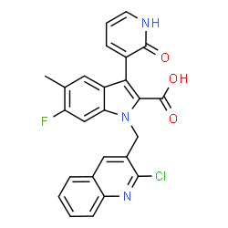 ChemSpider 2D Image | 1-[(2-Chloro-3-quinolinyl)methyl]-6-fluoro-5-methyl-3-(2-oxo-1,2-dihydro-3-pyridinyl)-1H-indole-2-carboxylic acid | C25H17ClFN3O3