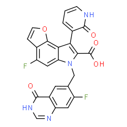 ChemSpider 2D Image | 4-Fluoro-6-[(7-fluoro-4-oxo-1,4-dihydro-6-quinazolinyl)methyl]-8-(2-oxo-1,2-dihydro-3-pyridinyl)-6H-furo[2,3-e]indole-7-carboxylic acid | C25H14F2N4O5