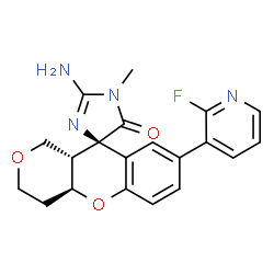 ChemSpider 2D Image | (4R,4a'S,10a'S)-2-Amino-8'-(2-fluoro-3-pyridinyl)-1-methyl-3',4',4a',10a'-tetrahydro-1'H-spiro[imidazole-4,10'-pyrano[4,3-b]chromen]-5(1H)-one | C20H19FN4O3