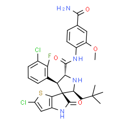 ChemSpider 2D Image | (2S,3R,4R,5R)-N-(4-Carbamoyl-2-methoxyphenyl)-2'-chloro-4-(3-chloro-2-fluorophenyl)-2-(2,2-dimethylpropyl)-5'-oxo-4',5'-dihydrospiro[pyrrolidine-3,6'-thieno[3,2-b]pyrrole]-5-carboxamide | C29H29Cl2FN4O4S