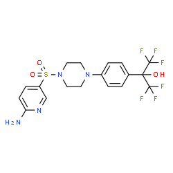 ChemSpider 2D Image | 2-(4-{4-[(6-Amino-3-pyridinyl)sulfonyl]-1-piperazinyl}phenyl)-1,1,1,3,3,3-hexafluoro-2-propanol | C18H18F6N4O3S