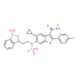 ChemSpider 2D Image | 5-Cyclopropyl-2-(4-fluorophenyl)-6-{[2-(1-hydroxy-1,3-dihydro-2,1-benzoxaborol-3-yl)ethyl](methylsulfonyl)amino}-N-methyl-1-benzofuran-3-carboxamide | C29H28BFN2O6S