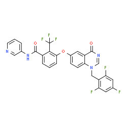 ChemSpider 2D Image | 3-{[4-Oxo-1-(2,4,6-trifluorobenzyl)-1,4-dihydro-6-quinazolinyl]oxy}-N-(3-pyridinyl)-2-(trifluoromethyl)benzamide | C28H16F6N4O3