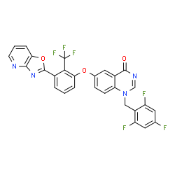 ChemSpider 2D Image | 6-[3-([1,3]Oxazolo[4,5-b]pyridin-2-yl)-2-(trifluoromethyl)phenoxy]-1-(2,4,6-trifluorobenzyl)-4(1H)-quinazolinone | C28H14F6N4O3