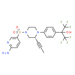 ChemSpider 2D Image | 2-{4-[(2R)-4-[(6-Amino-3-pyridinyl)sulfonyl]-2-(1-propyn-1-yl)-1-piperazinyl]phenyl}-1,1,1,3,3,3-hexafluoro-2-propanol | C21H20F6N4O3S