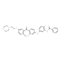 ChemSpider 2D Image | N-[2-Fluoro-5-({9-[2-(4-morpholinyl)ethoxy]-11-oxo-6,11-dihydrodibenzo[b,e]oxepin-3-yl}amino)phenyl]benzamide | C33H30FN3O5