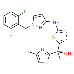 ChemSpider 2D Image | (1S)-1-(5-{[1-(2,6-Difluorobenzyl)-1H-pyrazol-3-yl]amino}-1,3,4-thiadiazol-2-yl)-1-(4-methyl-1,3-thiazol-2-yl)ethanol | C18H16F2N6OS2