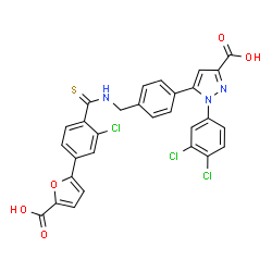 ChemSpider 2D Image | 5-{4-[({[4-(5-Carboxy-2-furyl)-2-chlorophenyl]carbonothioyl}amino)methyl]phenyl}-1-(3,4-dichlorophenyl)-1H-pyrazole-3-carboxylic acid | C29H18Cl3N3O5S