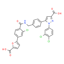 ChemSpider 2D Image | 5-[4-({[4-(5-Carboxy-2-furyl)-2-chlorobenzoyl]amino}methyl)phenyl]-1-(3,4-dichlorophenyl)-1H-pyrazole-3-carboxylic acid | C29H18Cl3N3O6