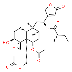 ChemSpider 2D Image | (1S)-2-[(1R,2S,4aR,5S,6R,8S,8aR)-8-Acetoxy-8a-(acetoxymethyl)-2-hydroxy-5,6-dimethyloctahydro-2H-spiro[naphthalene-1,2'-oxiran]-5-yl]-1-(5-oxo-2,5-dihydro-3-furanyl)ethyl (2S)-2-methylbutanoate | C29H42O10